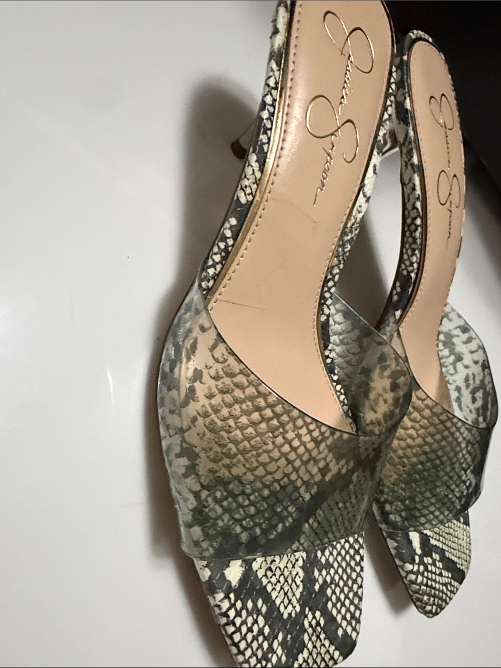 Jessica Simpson Olive Snake-Print Open-Toe Slingback Heels